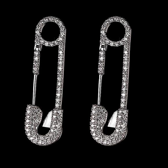 Silver Rhinestone Safety Pin Earrings, Minimalist - Picture 2 of 6